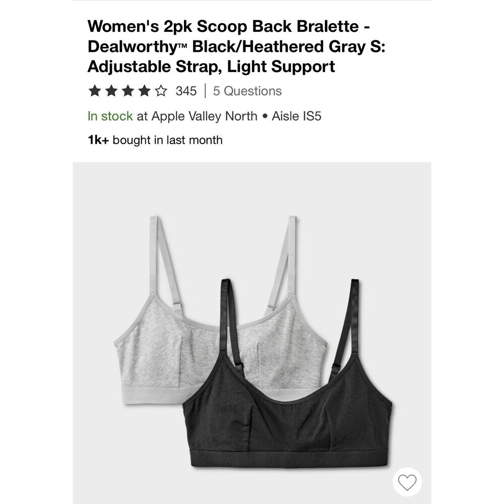 Women's 2pk Cotton Blend Scoop Back Bralette Black/Heathered Gray Size Small